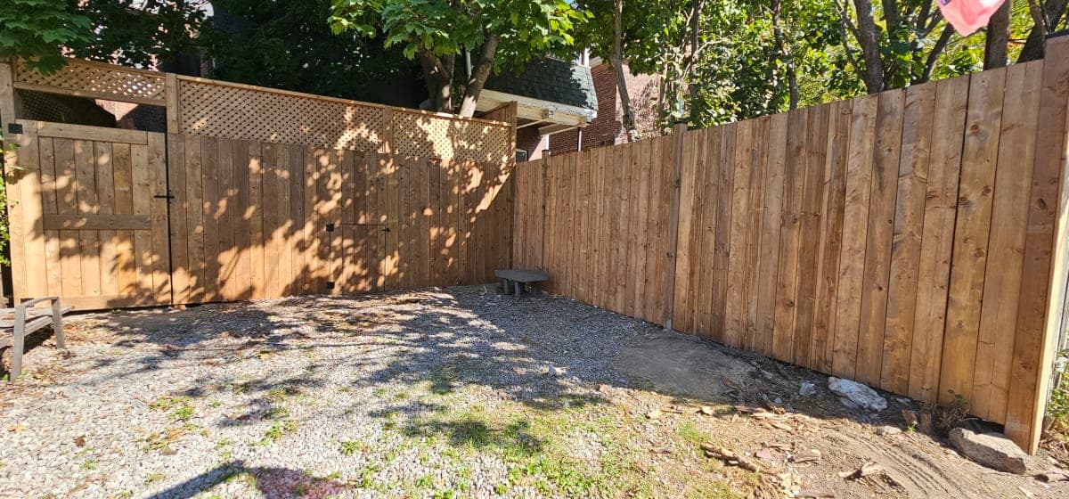 Completed wooden deck with clear sky in spring