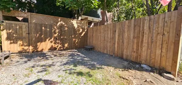 Completed wooden deck with clear sky in spring